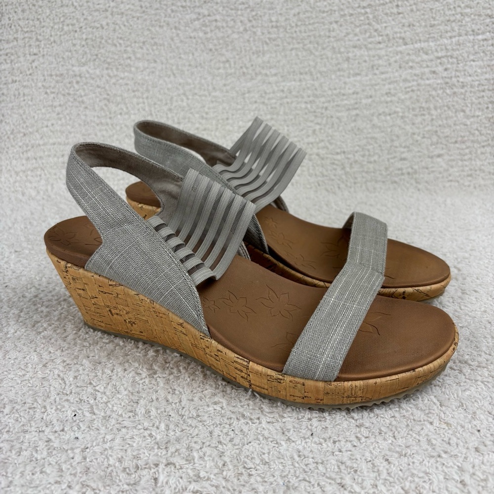 Skechers Sandals Womens 11 Taupe Beverlee Smitten Kitten Luxe Foam Strappy Wedge